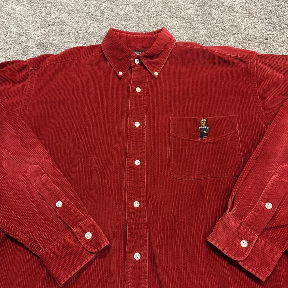 Ralph Lauren Polo Bear Corduroy Button Up Front Pocket Red Shirt Blaire Large L